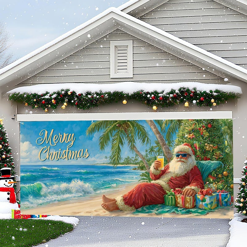 THISFIND Beach-Themed Merry Christmas Garage Door Banner – Tropical Santa Claus with Palm Trees & Gifts – Fun Holiday Outdoor Decor - Image 5